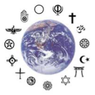 image of the planet Earth encircled by 15 religious symbols